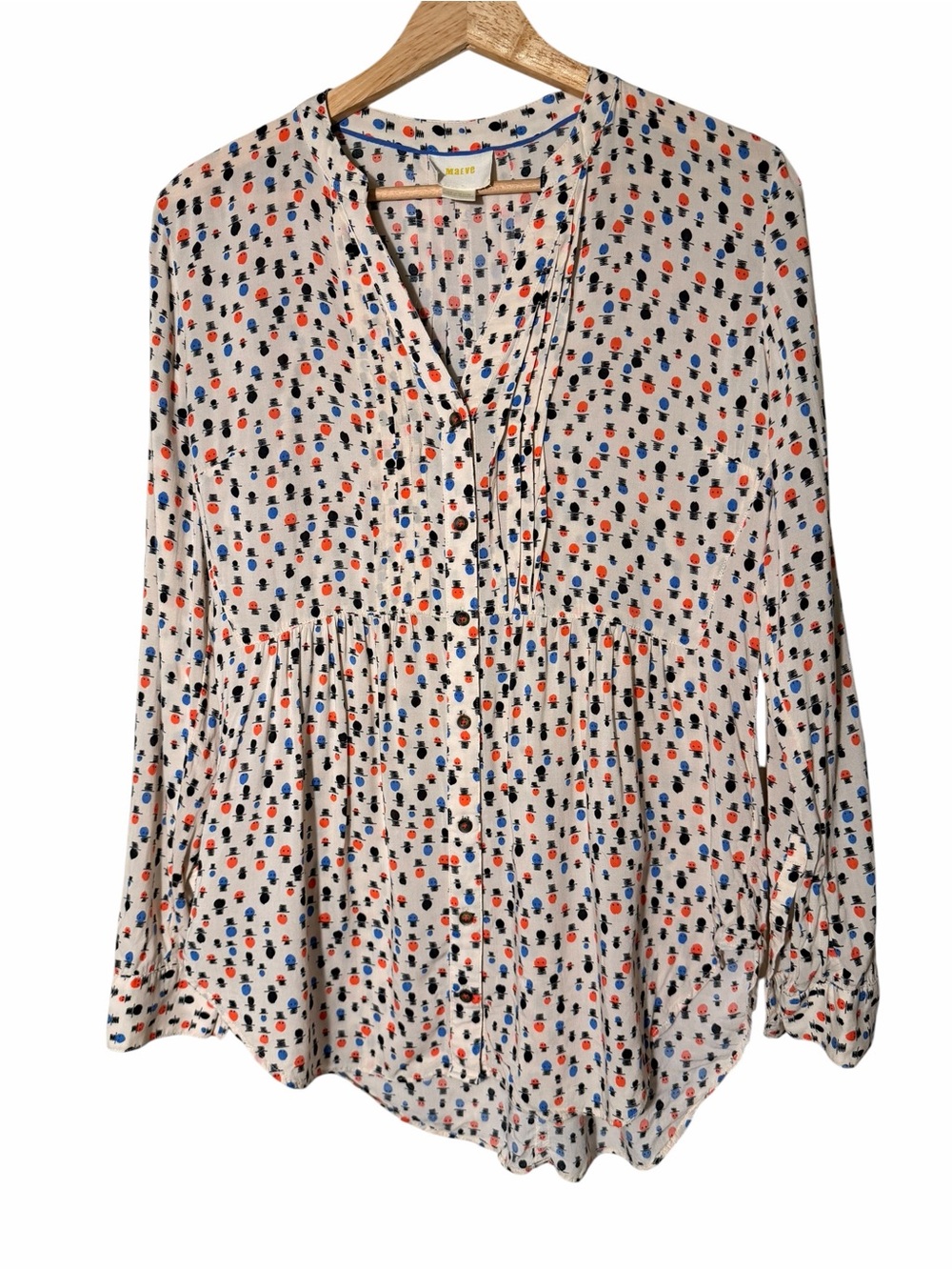 Maeve Cream Button-Front Blouse with Red & Blue Dot Print